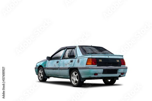 Old rusty blue car isolated on transparent background