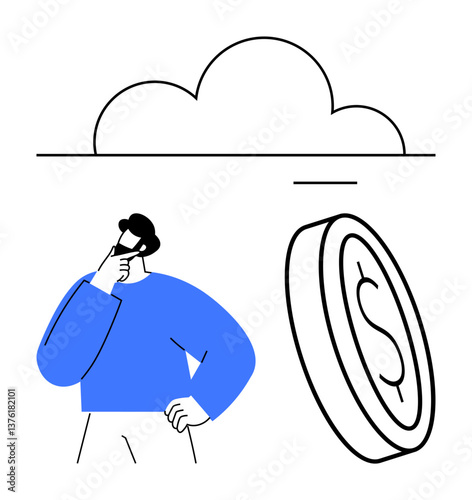 Individual thinking, cloud symbolizing ambiguity, coin representing money. Ideal for finance, decision-making, investment, savings, uncertainty planning digital economy. Flat simple metaphor