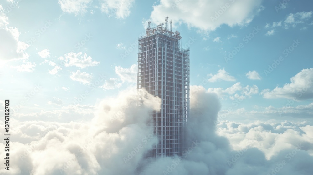 Fototapeta premium A towering, unfinished skyscraper rests atop a fluffy cloud formation against a bright blue sky.