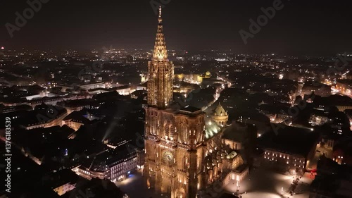 Majestic night views of Strasbourg Cathedral illuminate the skyline