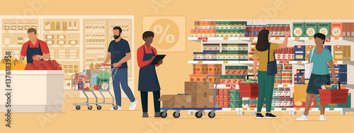Customers and workers at the grocery store