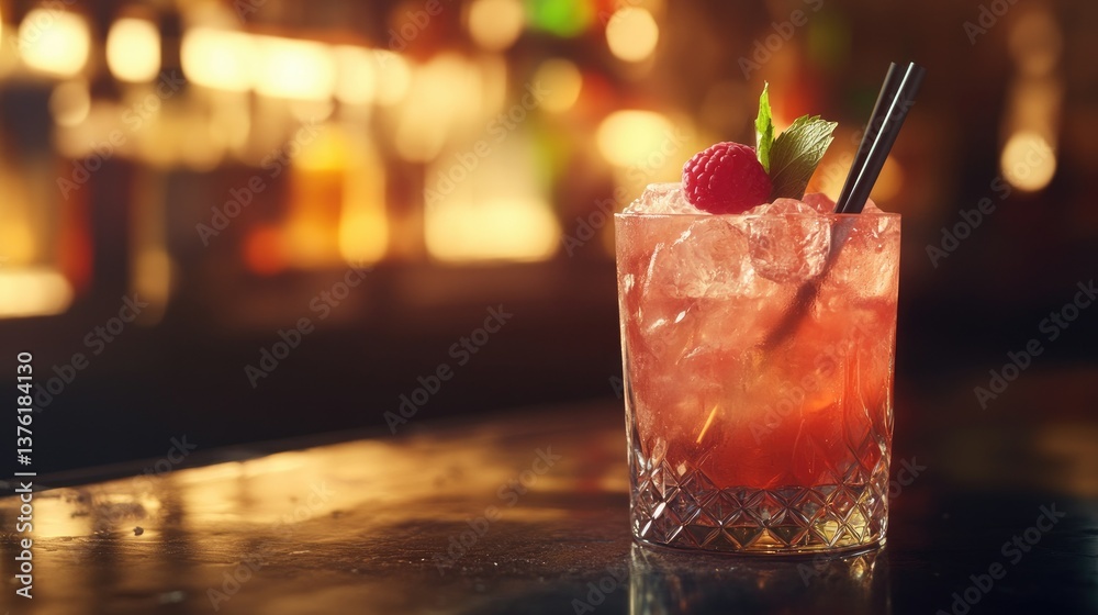 Fototapeta premium Iced Cocktail with Raspberry on Bar for Drink Menu or Promotion
