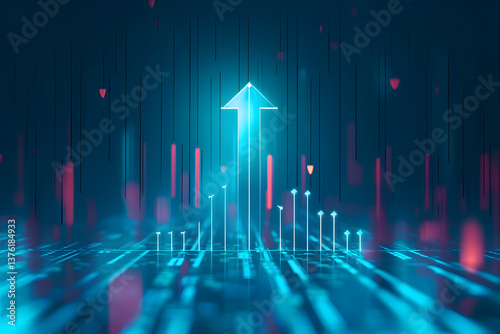 Digital technology of glowing arrows up diagonally in blue neon light. AI generated image