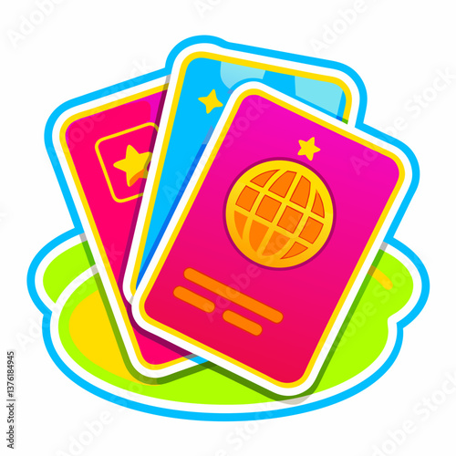 Sticker of colorful passports representing travel and adventure with vibrant design