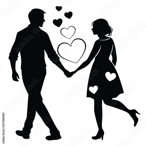 Black and white silhouette illustration of a couple holding hands with hearts floating above them, perfect for romance, love, wedding, and relationship themes in creative designs
