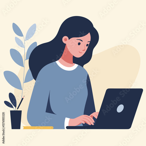 Young Woman Working Laptop Focused in Workspace