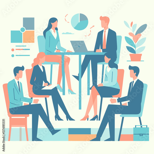 Six People Business Meeting Collaboration in Teal and Blue