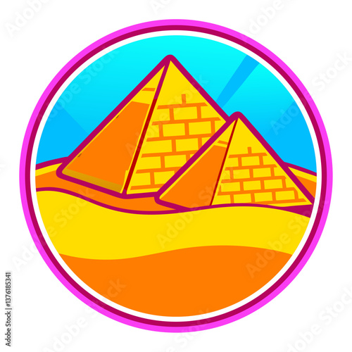 Sticker of colorful illustration of pyramids in desert landscape with bright sky