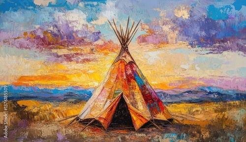 Colorful teepee under a vibrant sunset