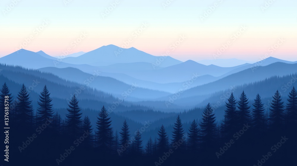 Obraz premium Misty mountain range at dawn with silhouettes of evergreen forests.
