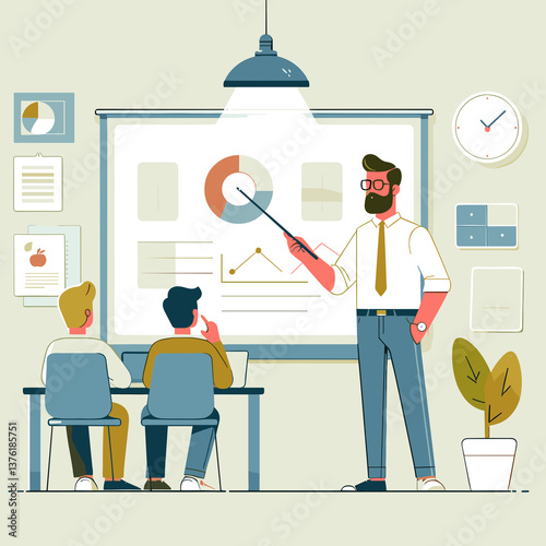 Bearded Teacher Giving Business Presentation with Whiteboard in Classroom