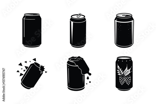 Black and white illustrations of various beer or soda cans.