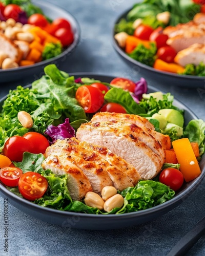 Fresh grilled chicken salad with vibrant vegetables and greens in a modern bowl.