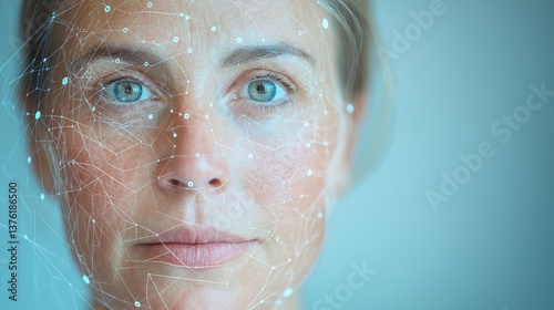 an illustration of a woman's face with digital lines and nodes overlaid. The woman gazes directly at the viewer with an enigmatic expression.