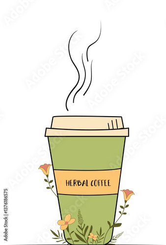 Take away herbal coffee cup with wild herbs and flowers on white background. Concept of healthy coffee alternatives, caffeine-free rituals, natural energy and mindful drink choices for wellness lovers