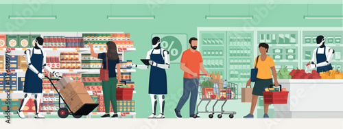 People buying groceries at the supermarket and humanoid robots working at store clerks