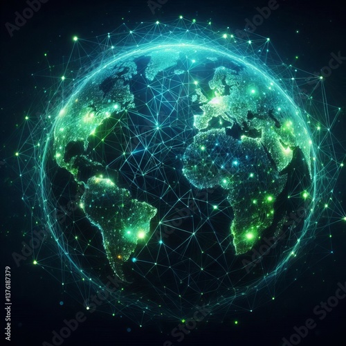 Abstract tech Earth Day wallpaper: Network of glowing green and blue lines forming a stylized map of the world on a dark, textured background, representing global connection and environmental data