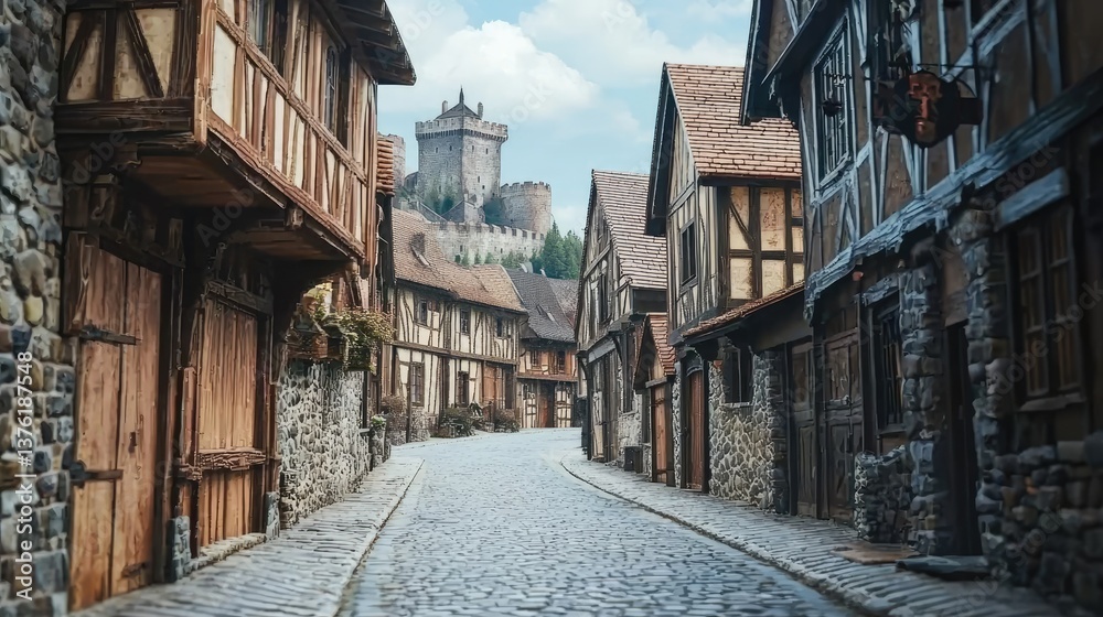 Fototapeta premium Narrow cobblestone street lined with timbered medieval homes leading to a towering stone castle. Ideal for fantasy worldbuilding, games, and historical visuals