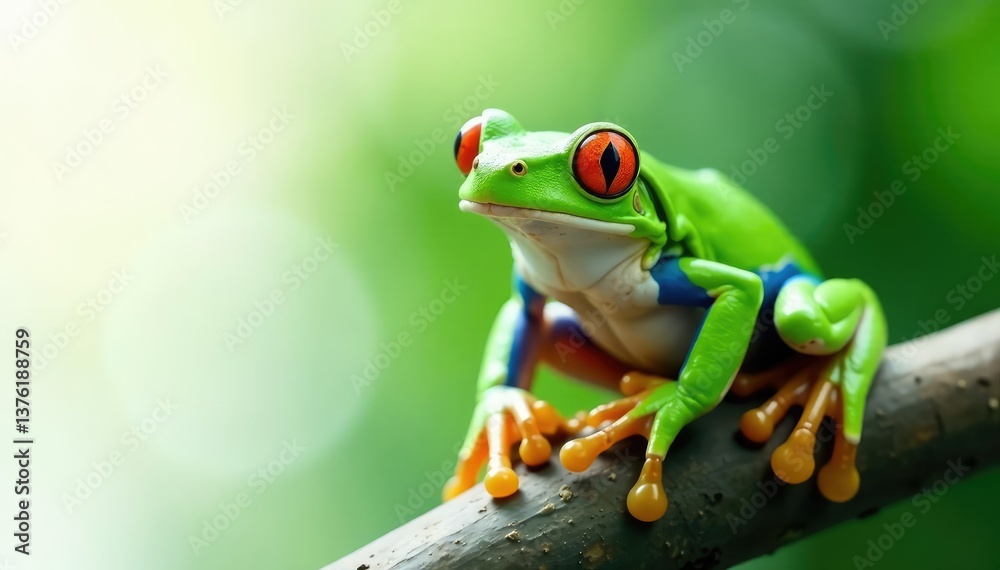 Naklejka premium Green tree frog perched on white, vibrant skin, single, macro, amphibian