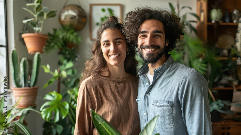 Fototapeta premium Caucasian and Hispanic couple making eco-friendly lifestyle choices 
