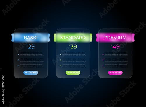 pricing price list table plans template banner colorful modern trendy gradient glass morphism shape vector illustration