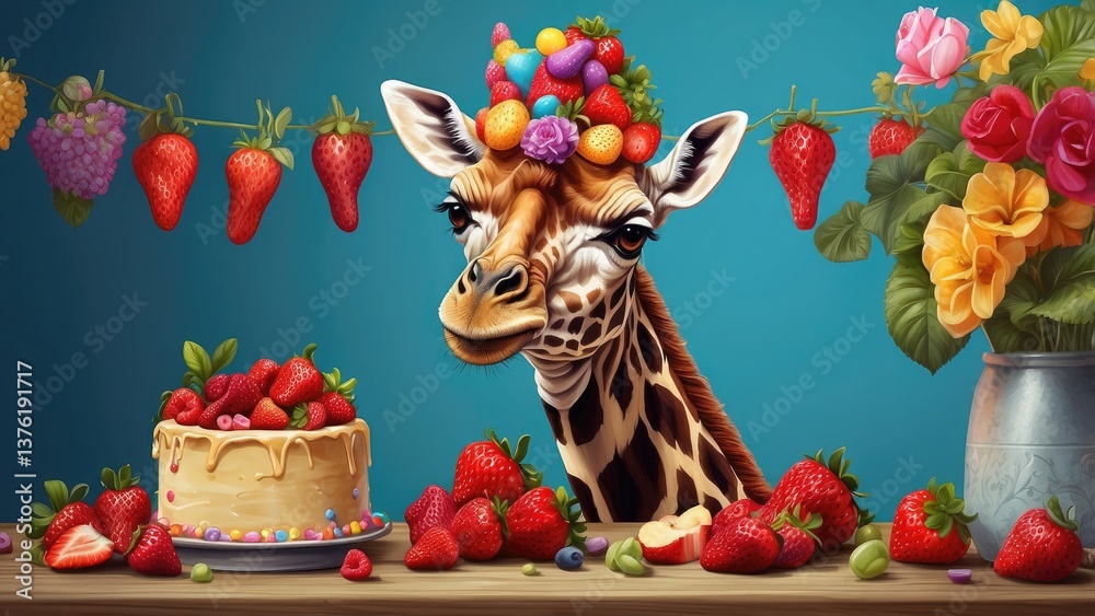 Obraz premium A playful cartoon dinosaur wearing a party hat stands next to a decorated birthday cake on a wooden table in a lush forest setting.