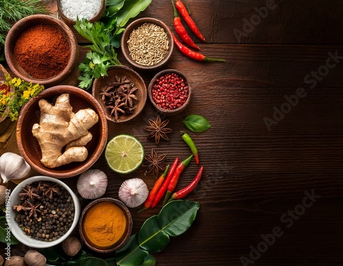 Selection of spices herbs and ingredients for cooking  Food background