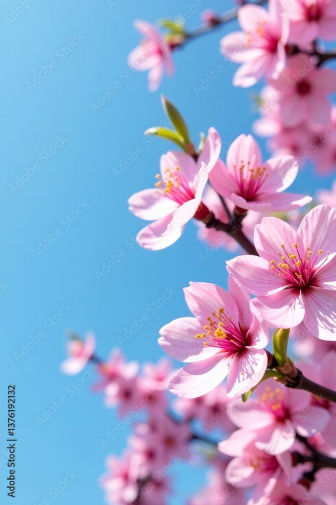 Fototapeta premium Fresh pink cherry blossoms against blue sky in springtime, blossom, design, nature