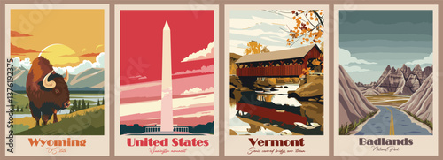 Vintage Travel Poster - Wyoming, Washington Monument, Vermont Covered Bridge, South Dakota Badlands, USA