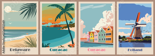 Vintage Travel Poster of Curacao Caribbean Buildings and Serene Beach - Vector Illustration