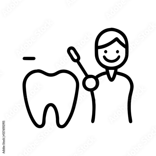 Line art of a dentist holding toothbrush with a tooth graphic for dental care and hygiene concept