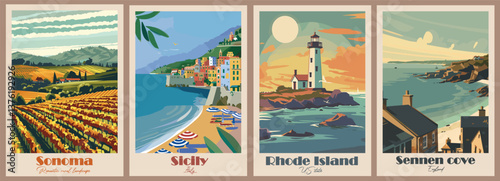 Vintage Travel Poster of Romantic Rural Landscape in Rhode Island, US - Vector Illustration