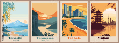 Vintage Travel Poster - Tel Aviv, Israel, Tenerife, Volcano Teide, Tennessee, USA, Wuhan, China