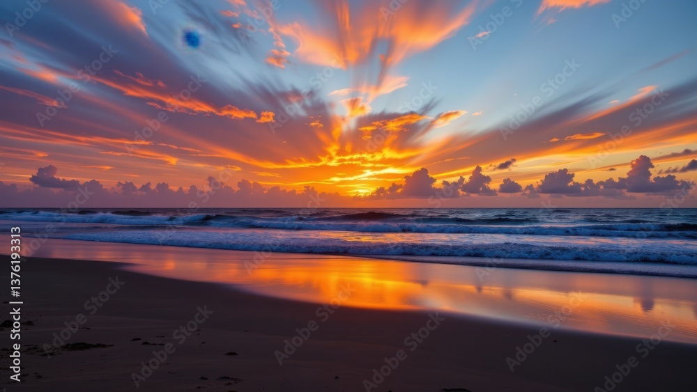 Fototapeta premium A captivating sunset over a beach with radiant colors reflecting on the water.