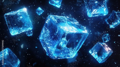Glowing blue ice cubes float in dark space. illustration