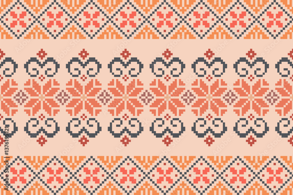 Floral pixel art pattern.Ikat embroidery Ethnic oriental Pixel pattern red christmas day background. carpet,wallpaper,clothing,wrapping,Batik,fabric,Vector illustration.floral samless pattern,abstract