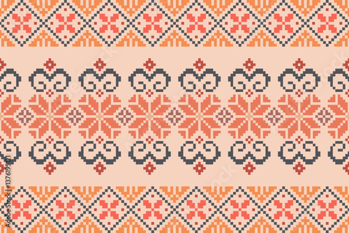 Obraz na płótnie Floral pixel art pattern.Ikat embroidery Ethnic oriental Pixel pattern red christmas day background. carpet,wallpaper,clothing,wrapping,Batik,fabric,Vector illustration.floral samless pattern,abstract w salonie
