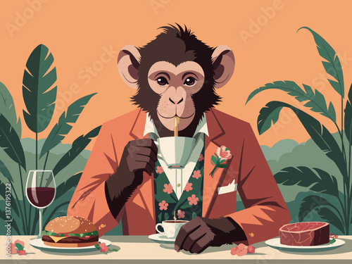 retro vintage satire style, cute capuchin monkey in rose latino suit with flowers portrait sip coffee from cup