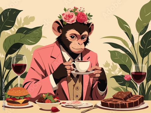 retro vintage satire style, cute capuchin monkey in rose latino suit with flowers portrait sip coffee from cup