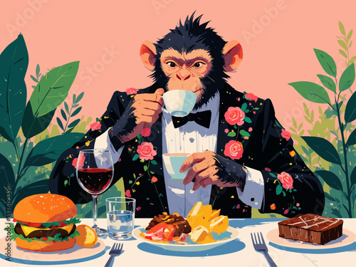 retro vintage satire style, cute capuchin monkey in rose latino suit with flowers portrait sip coffee from cup