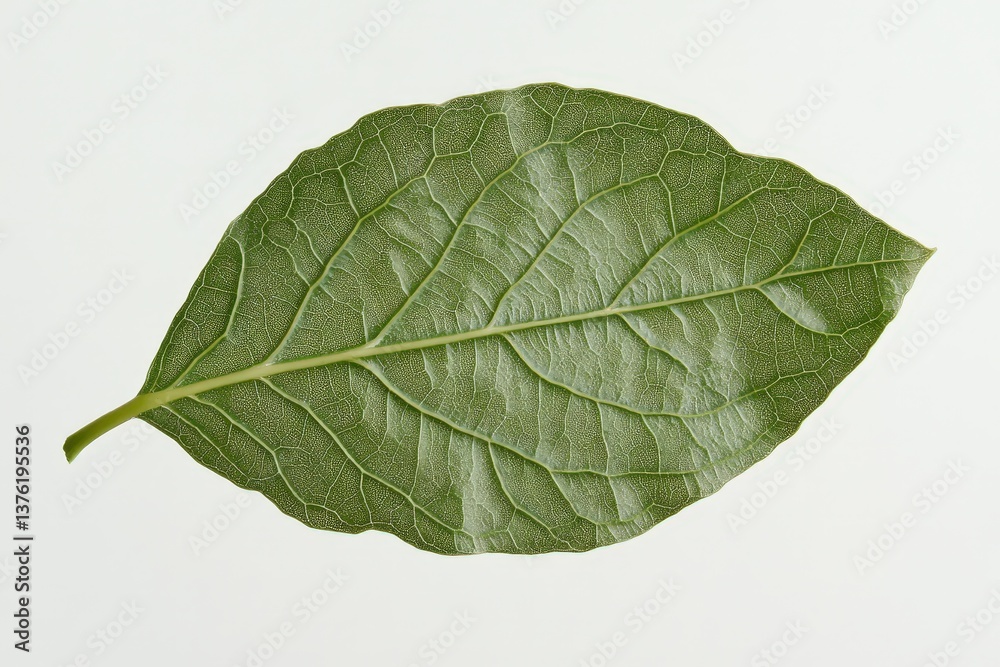 Obraz premium Detailed close up view of a single green leaf on white background