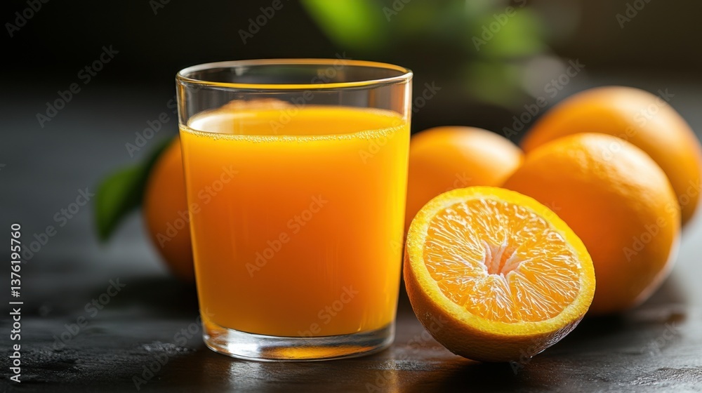 Freshly squeezed orange juice with ripe oranges on a dark surface Freshly squeezed orange juice with ripe oranges on a dark surface