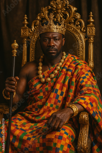 an african king in traditional colorful attire sits confidently on an elaborate throne, adorned with a crown and jewelry, showcasing cultural heritage and authority