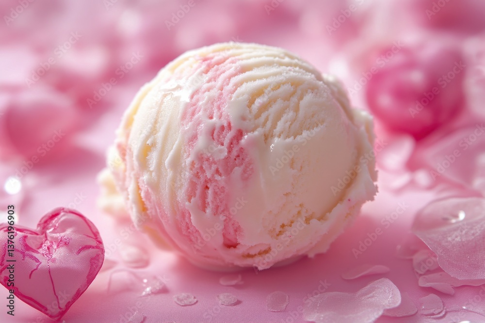 Delicious scoop of strawberry vanilla ice cream served on a pink surface adorned with hearts and rose petals Delicious scoop of strawberry vanilla ice cream served on a pink surface adorned with hearts and rose petals