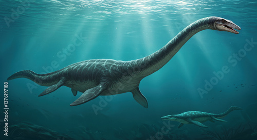Elasmosaurus,Long-necked plesiosaur from the Late Cretaceous period. Marine reptile with a very elongated neck