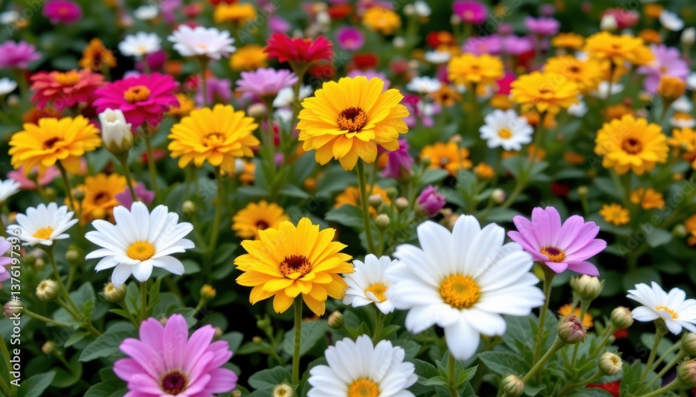 A lively garden bursting with a variety of blooming flowers in different colors. A lively garden bursting with a variety of blooming flowers in different colors.