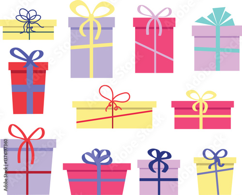 Happy Birthday! Merry Christmas! Gifts decorated with bows and ribbons. Heap of bright gift boxes. Delicate colors. Collection of wrapped gifts isolated on background. Shopping and selling. eps 10