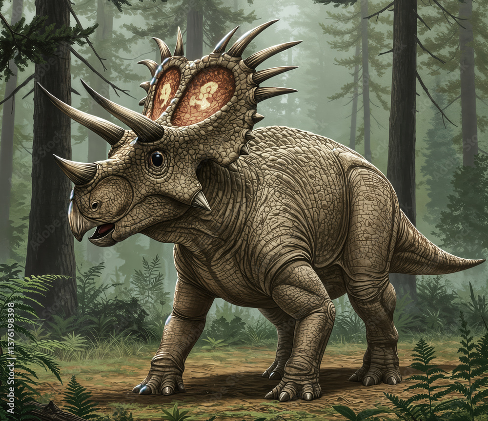 Fototapeta premium Styracosaurus, a herbivore with a frill and long spikes protruding from the neck frill. It also had horns above its eyes and on its snout