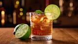 refreshing rum drink with lime on a wooden bar