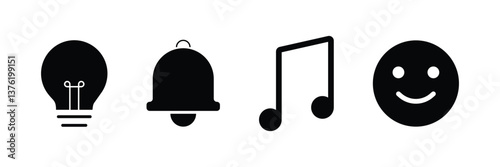 Audio icon set with bulb symbol. Black flat music, audio, sound, idea, power vector icon illustration.